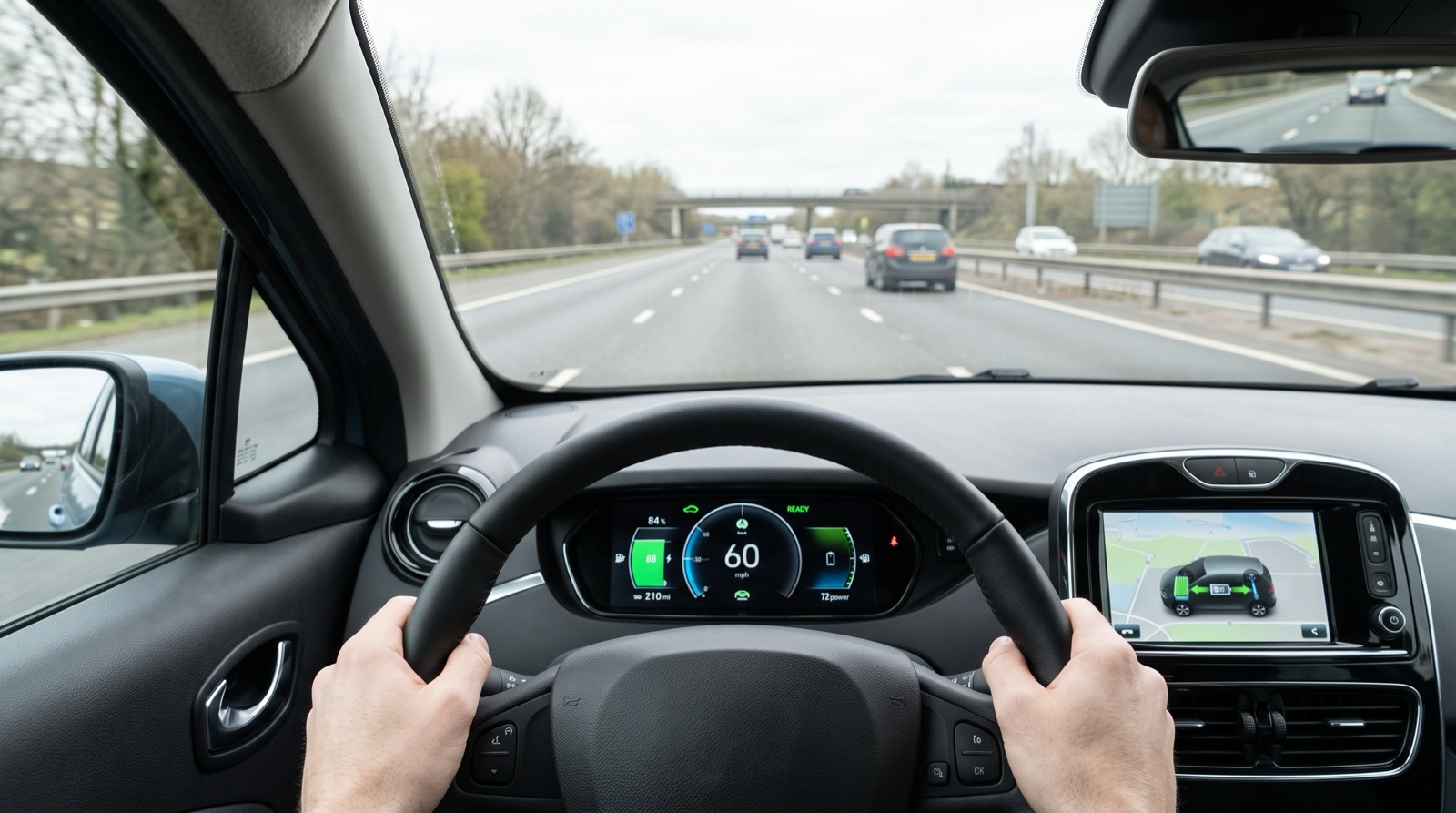 Driver's view of a UK motorway from an electric car, both hands on the wheel, the dashboard showing battery level and range