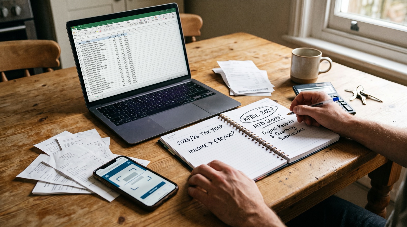 A kitchen table with a laptop showing a spreadsheet of mileage and cost entries, a notebook with handwritten notes about the 2025 to 2026 tax year and April 2027, receipts, a phone, a calculator and car keys; hands writing in the notebook
